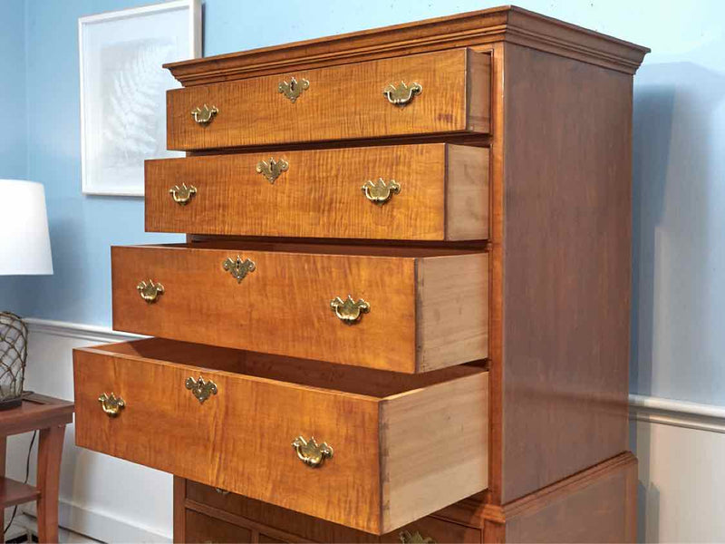 Reproduction Tiger Maple 8 Drawer Brass Handles  Highboy Chest