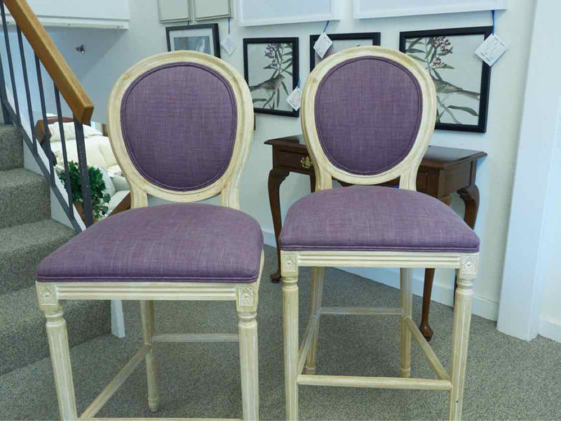 Pair of White Washed Bar Stools with Purple Upholstery