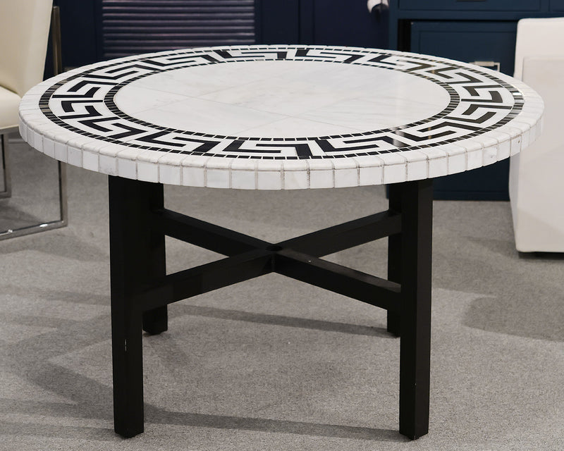 Outdoor Round Dining Table with Black & White Marble Tile Top