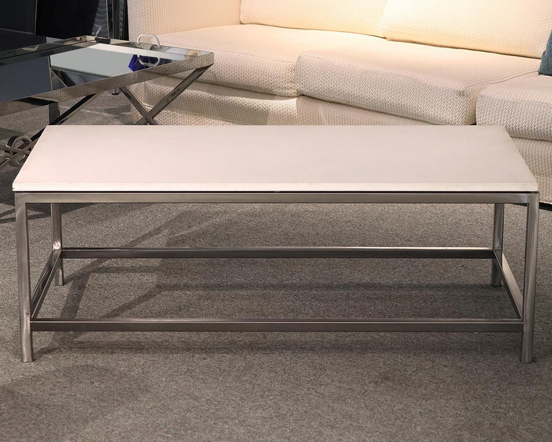 Crate & Barrel Parsons Cocktail Table with Cream Stone Top on Brushed Steel Base