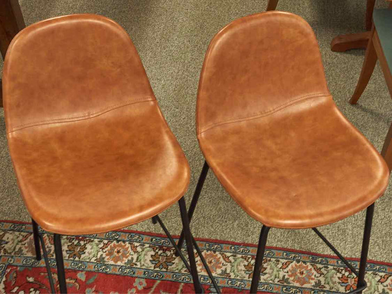 Pair of Bonded Saddle Color Leather Counter Stools with Metal Legs