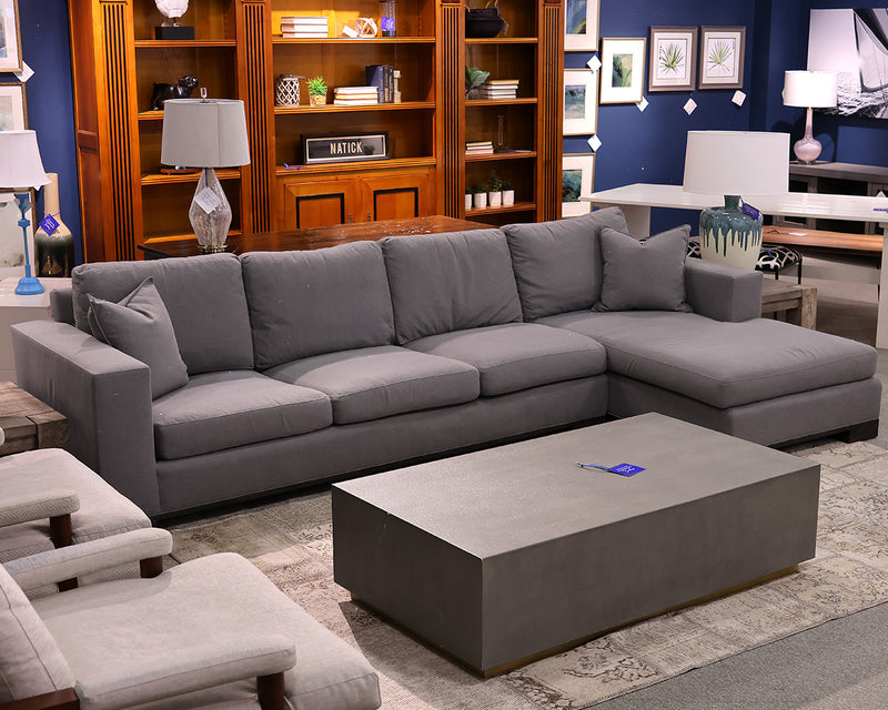 3 seat Sectional w/Chaise, Track Arms in Silver Grey Woven Fabric. 2  Pillows