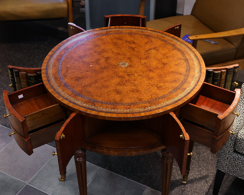 Maitlin Smith Round Mahogany Table w/faux Finish Book Drawers. Leather Top.