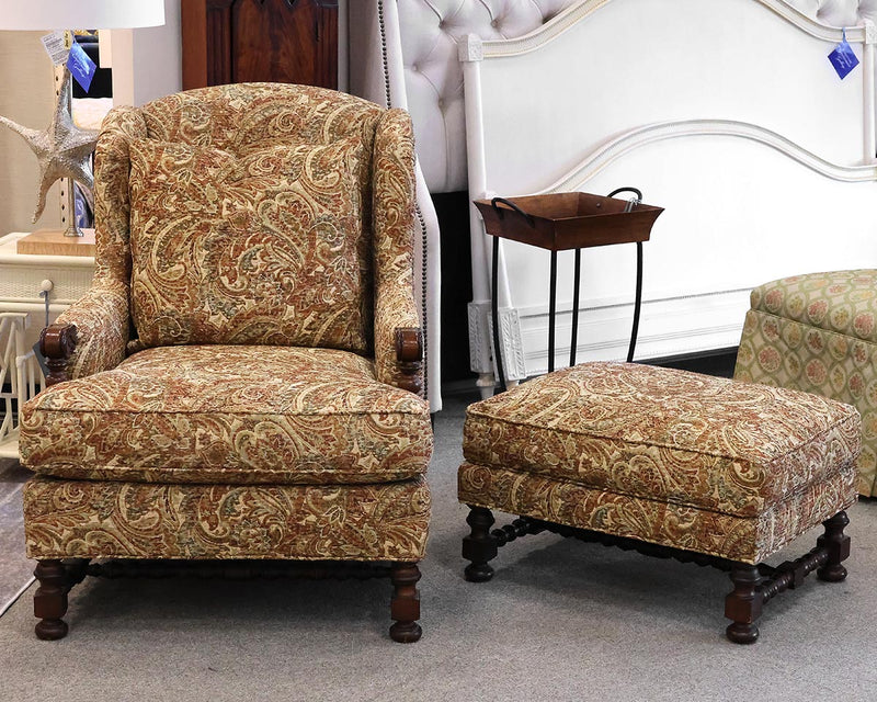 Lexington ' Bradbury' Wing Chair in Earth Tone Paisley Upholstery & Ottoman