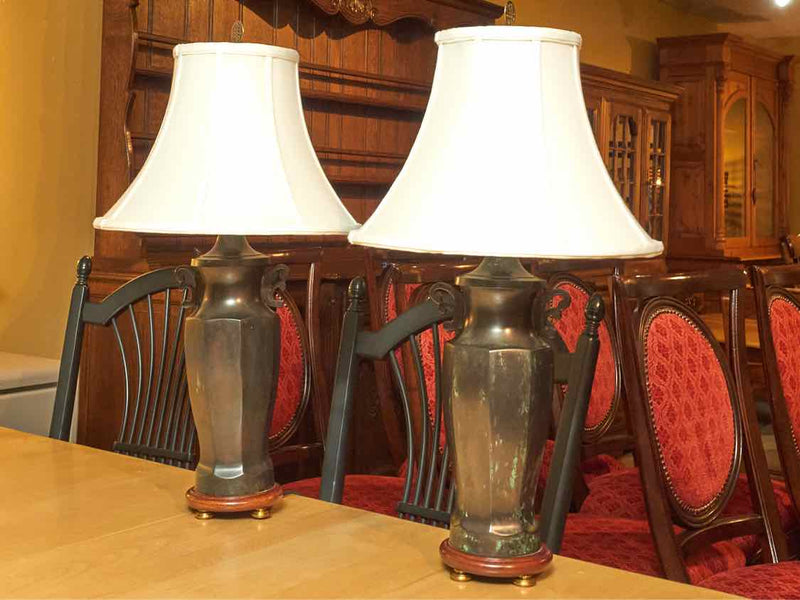 Pair Of Wildwood Metal Urn Shape Cream Silk Shades Table Lamps