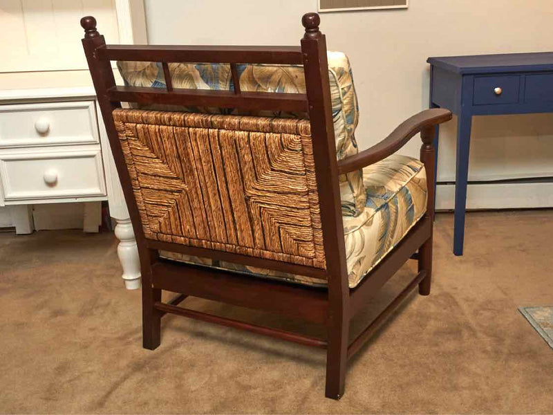 Miles Talbott  Woven Back Wood Arm Chair With Custom Upholstery & Toss Pillows