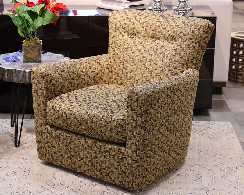 Pair of Precedent Furniture Swivel Chairs in Gold, Green and Mauve Fabric