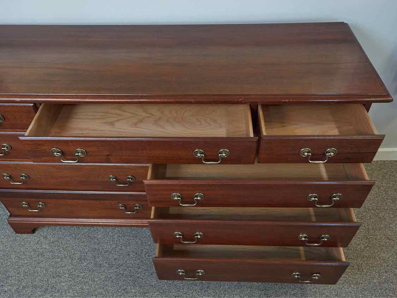 Mahogany Triple Dresser with 9 Drawers & Brass Chippendale Pulls