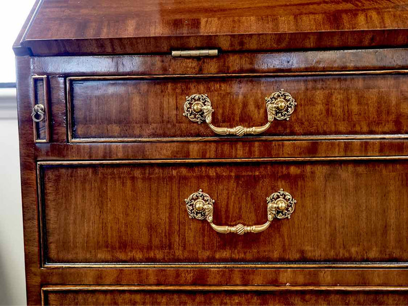 Inlaid Mahogany Carved Secretary Desk with Brass Pulls