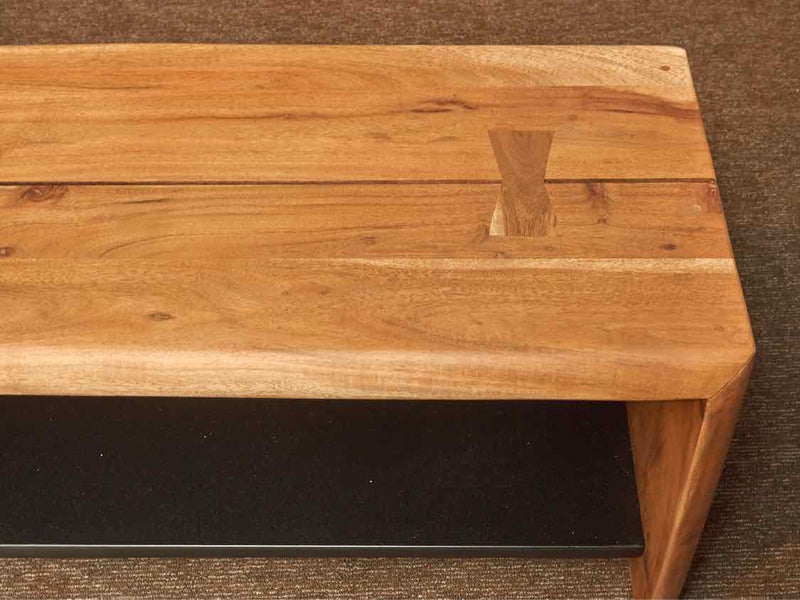 Crate & Barrel "Yukon" Natural Live-Edge Bench with Metal Shelf