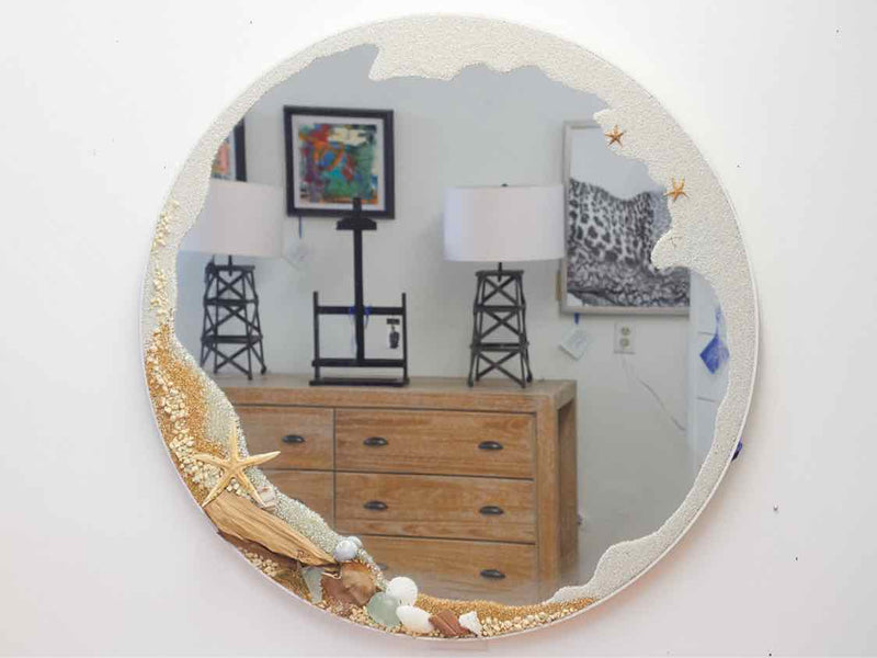 Round Coastal Mirror with Sand Border and Shell Ornaments