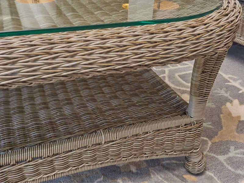 Set Of Wicker Indoor/Outdoor Sunbrella Fabric Sofa,Swivel Chair, 2 Tables