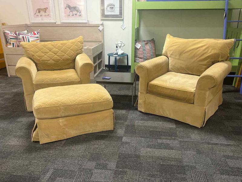 Pair of Deep Gold Club Chairs with Ottoman