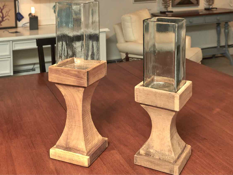 Set Of 2 Square Glass Hurricane Globe With Recycled Wooden  Bases