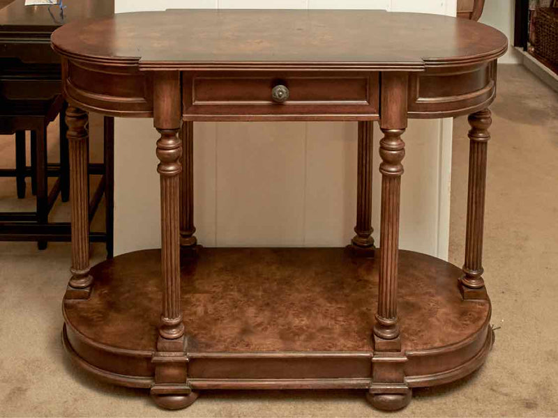 Oval Walnut Console Table with Column Post and 1 Drawer and Shelf