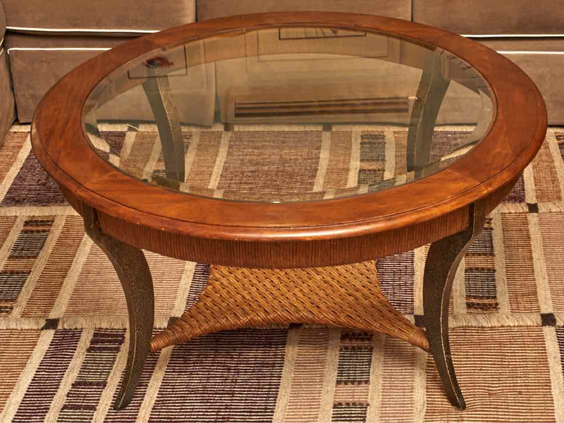 Round Glass Top Stained Ash Metal Legs &  Rattan Shelf Cocktail Table