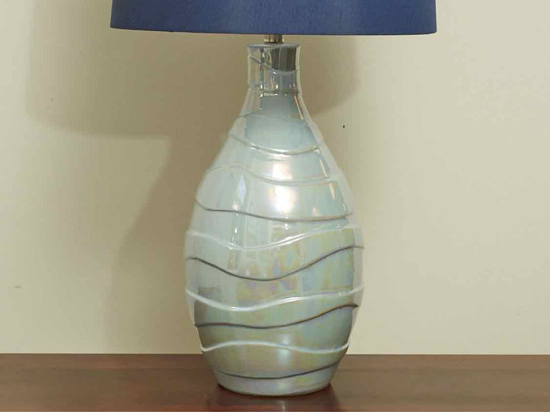 Norman Wyatt Home Crest Pearlescent Blue Ceramic Navy Drum Shade Table Lamp