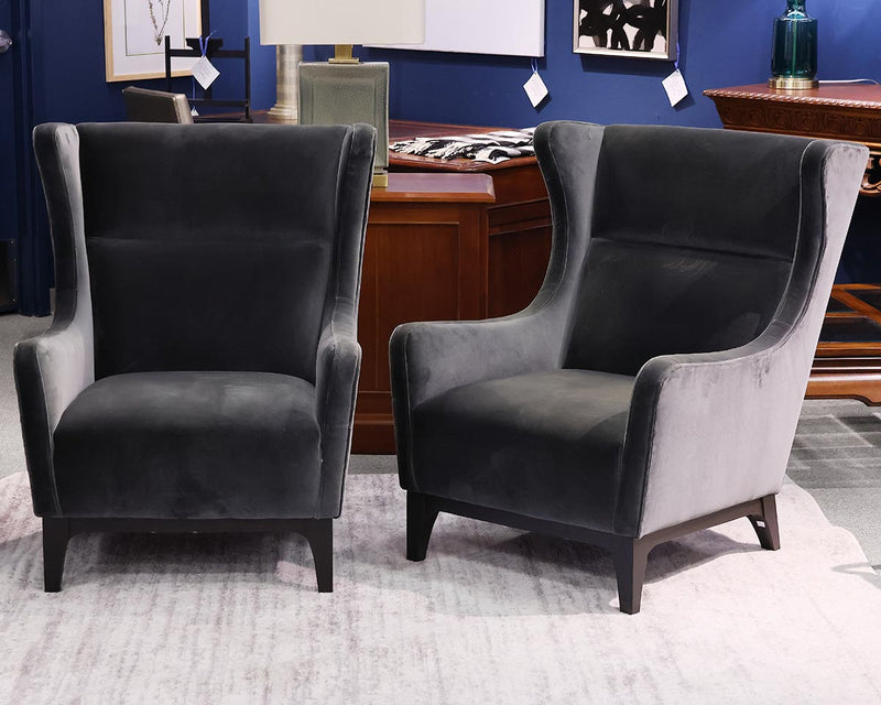 Pair of Room & Board Transitional Vance Wing Chairs in Charcoal Grey Velvet