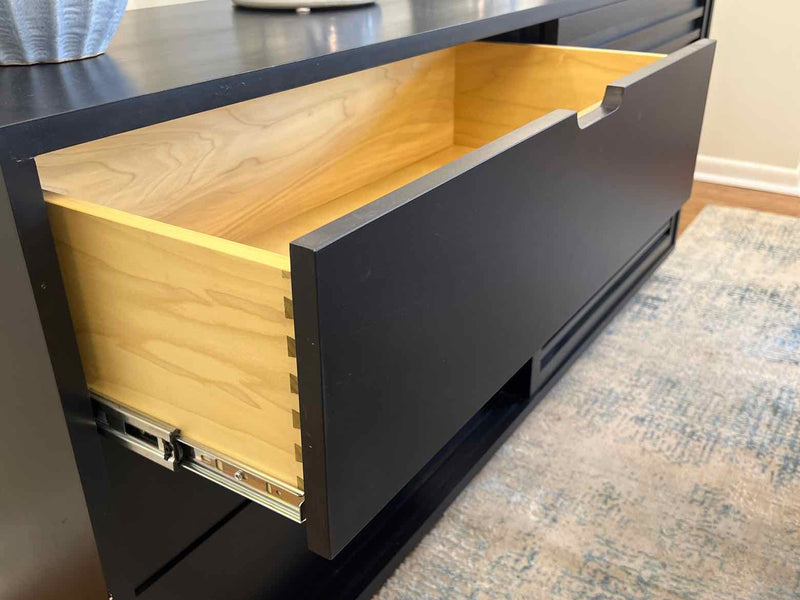 Black Slatted Sideboard with Sliding Doors