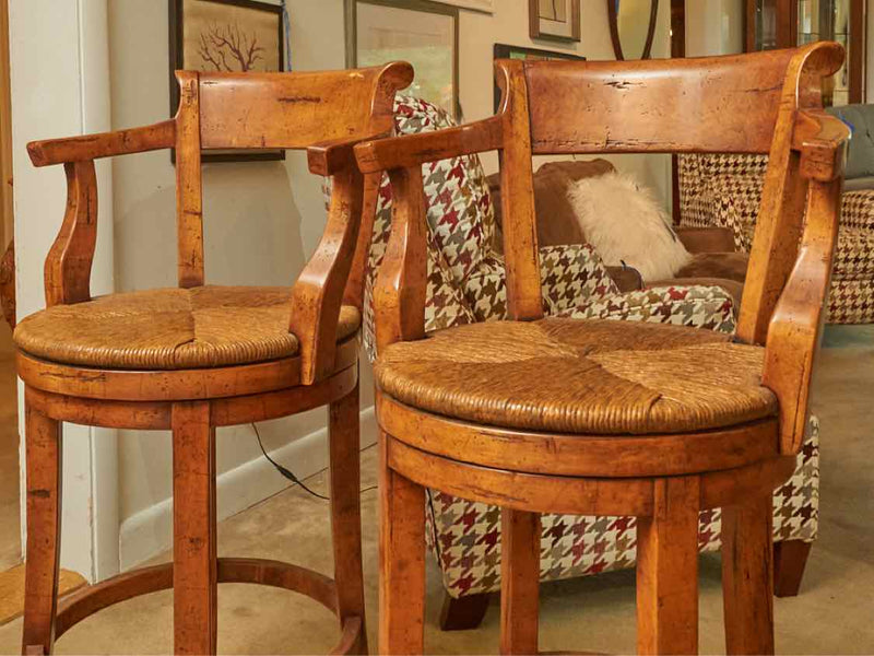 Pair Of Frontgate Swivel  Alderwood Rush Seat  Bar Stools