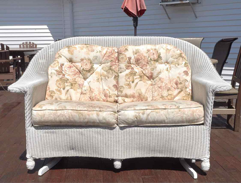 Outdoor White Wicker Rocking Loveseat Includes Cushions