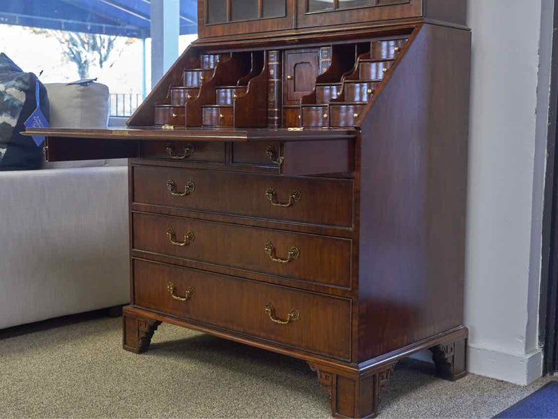 Inlaid Mahogany Carved Secretary Desk with Brass Pulls