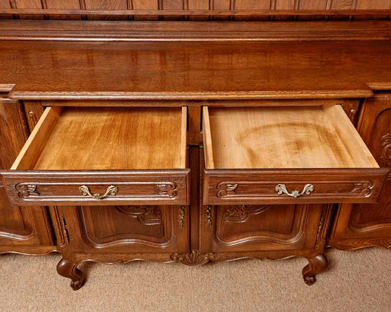 French Walnut Country 2 Drawer 4 Door  Buffet With Step Back  Hutch