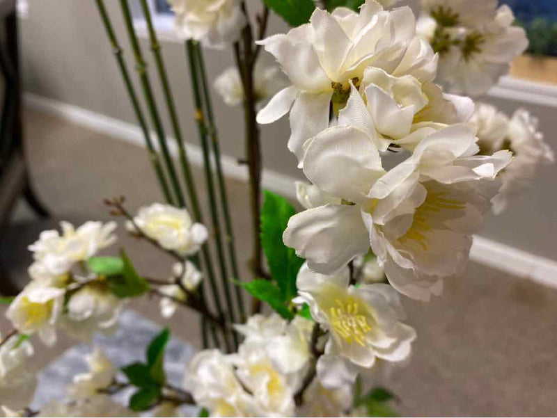 Cherry Blossum Branch & Snake Reeds in Tall Glass Vase