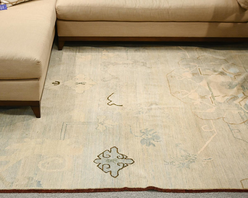 Stephen King Shades of Soft Blue-Green, Gold & Cream Rug w/ Burgundy Trim