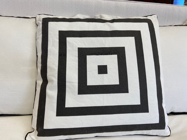 White Cotton Canvas Accent Pillow with Black Concentric Square Print