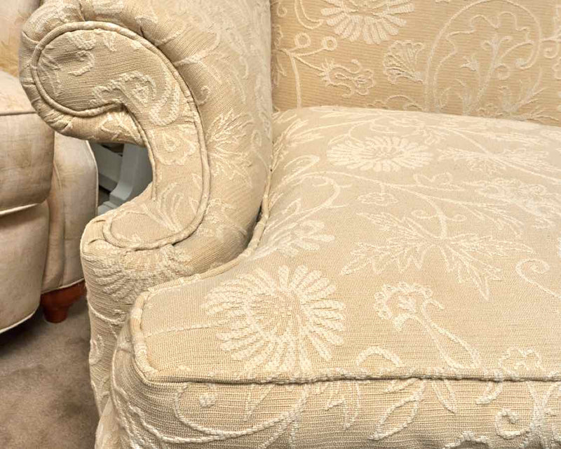 Custom Wing Back Chair In Ivory & Taupe  Crewel Style Upholstery