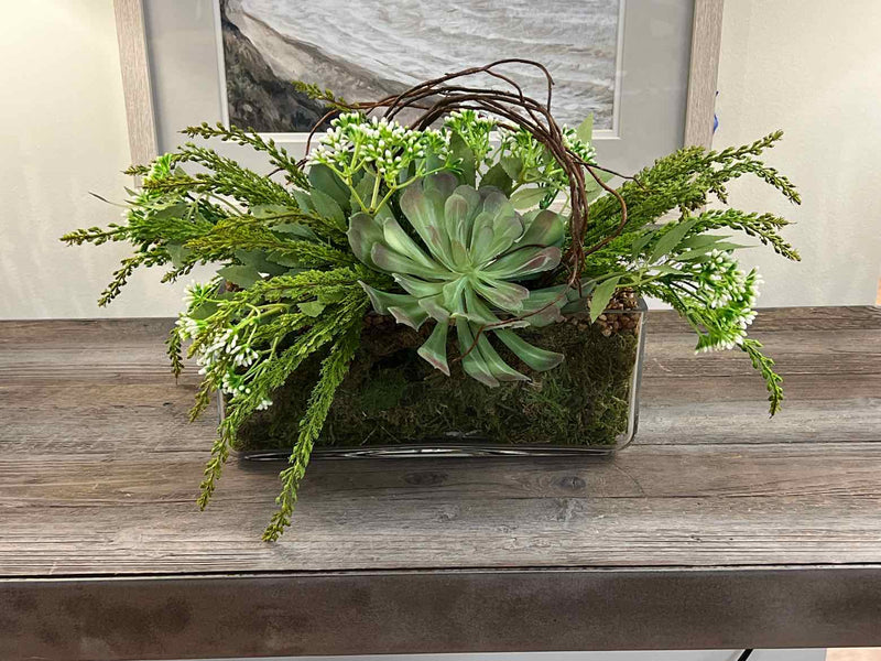 Succulents, Seaberry & Vines in Long Glass Vase