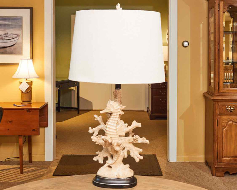 Distressed Coral & Seahorse With Natural Linen Drum ShadeTable Lamp