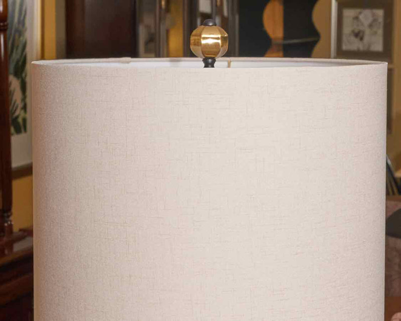 Stain Black Steel Table Lamp With Gold Accents & Linen Drum Shade