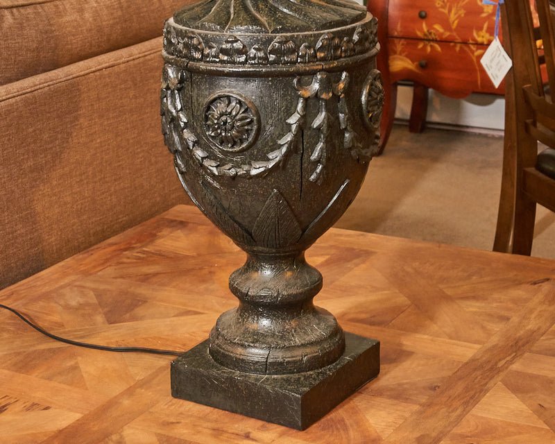 Wooden Carved Urn Shape With Brown Burlap Shade Table Lamp