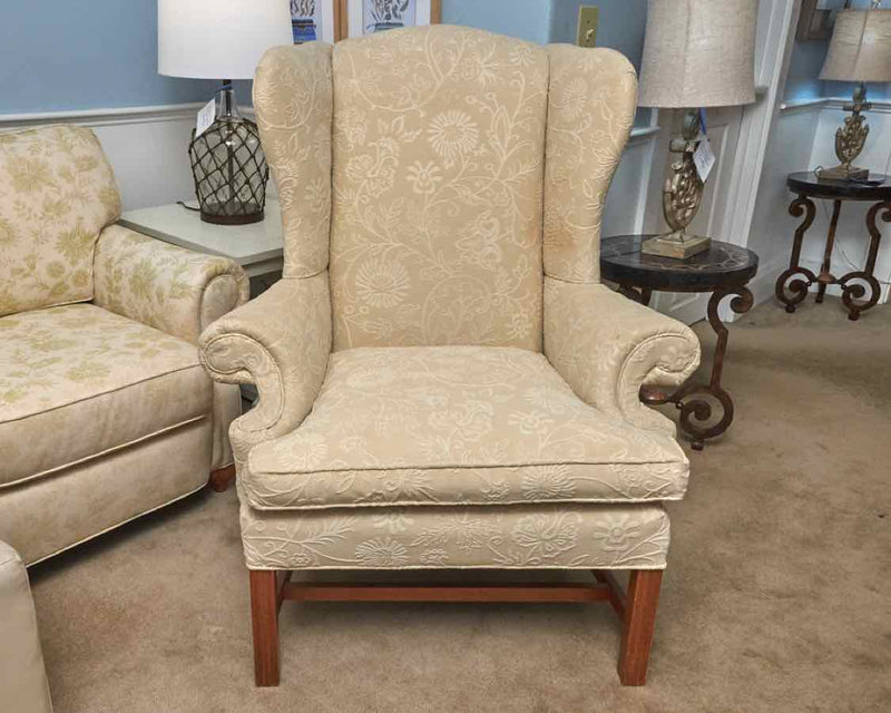 Custom Wing Back Chair In Ivory & Taupe  Crewel Style Upholstery