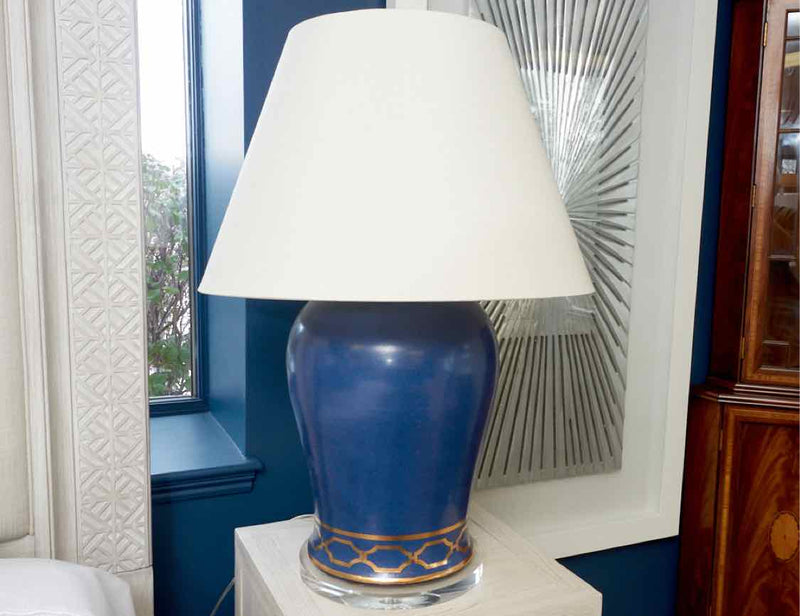 Pair of Large Blue Ceramic Urn Table Lamps with Off White Empire Shade