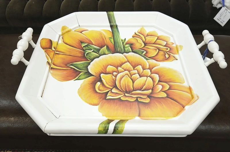 Victorian Octagonal Square Tray in White with Orange Floral Motif