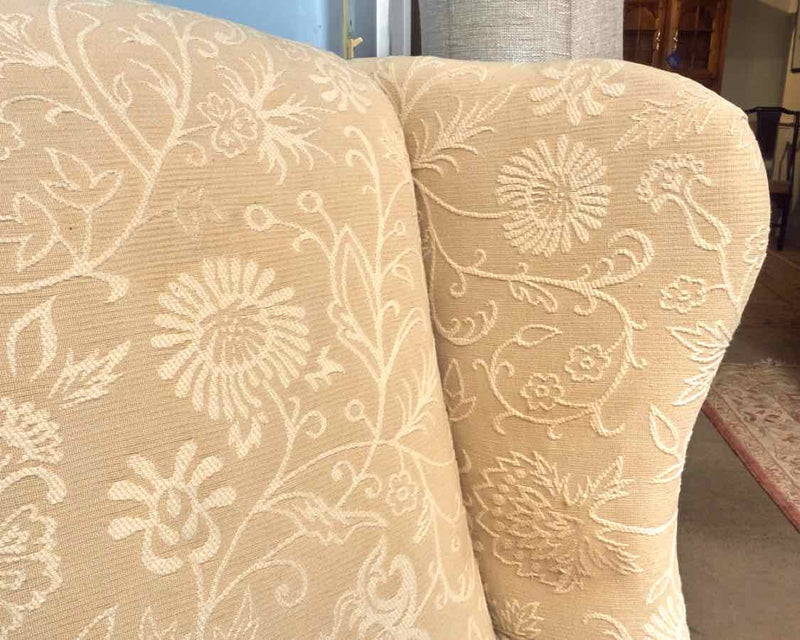 Custom Wing Back Chair In Ivory & Taupe  Crewel Style Upholstery