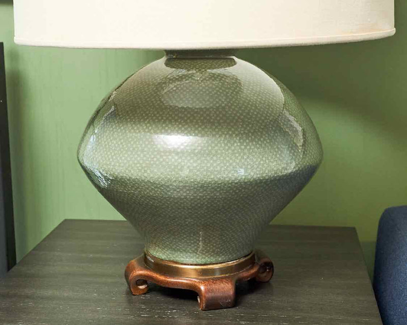 Asian Inspired Celadon  Green Glaze Ceramic Linen Shade Table Lamp