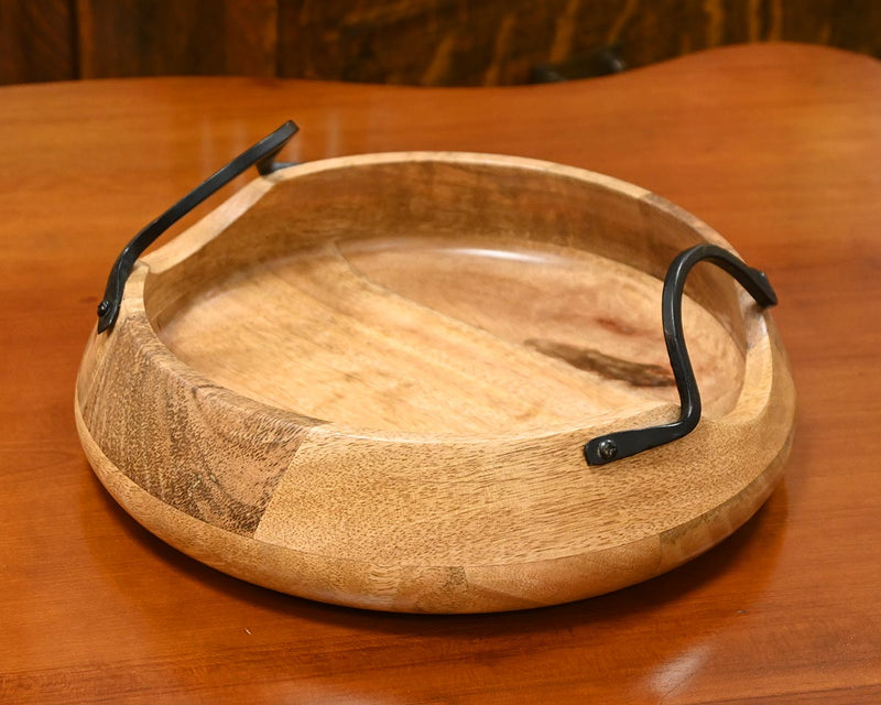 Natural Acacia Wood W/ Iron Metal Large Round Decorative Tray