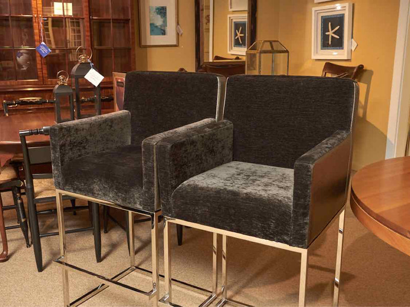 Pair of Faux Gator Bar Stools in Charcoal Upholstery & Steel Legs