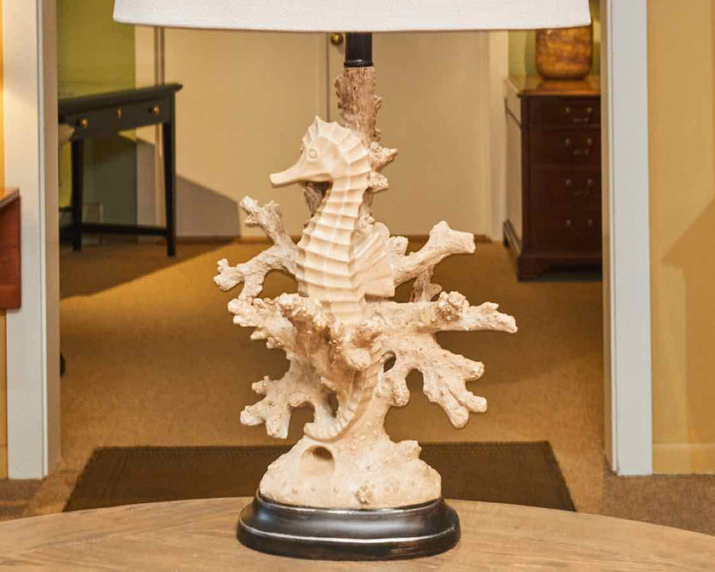 Distressed Coral & Seahorse With Natural Linen Drum ShadeTable Lamp