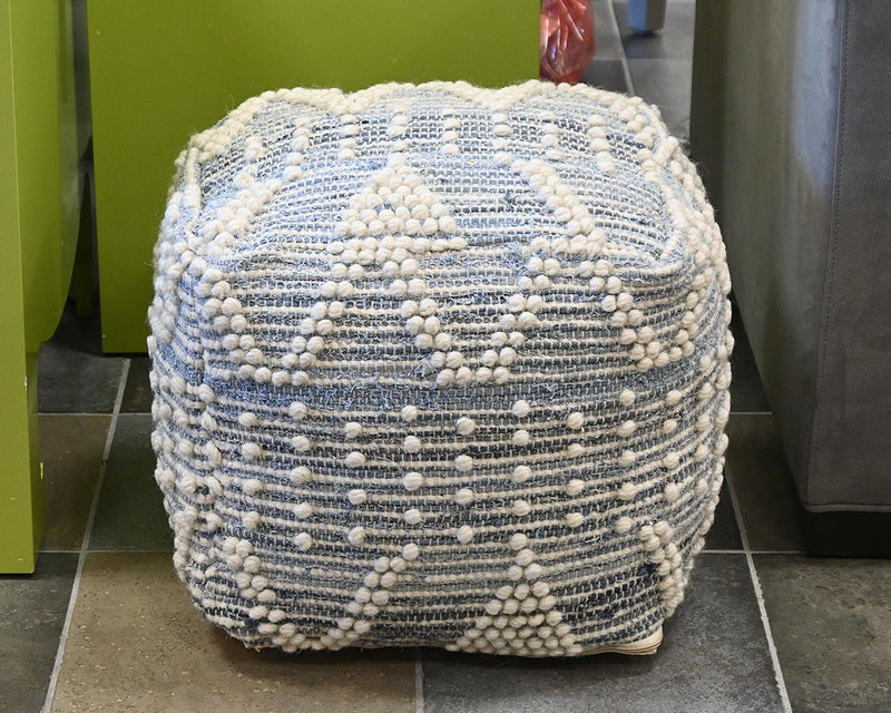 'Rofi Pouf' Denim and Ivory Cotton Stitched Cube Ottoman