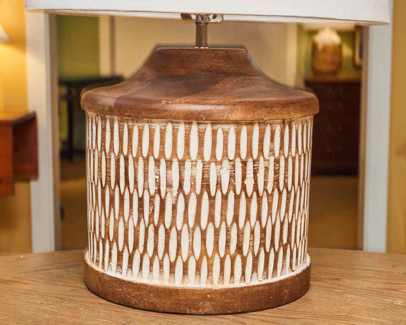 Natural Carved Wood With Painted White Accents Table Lamp