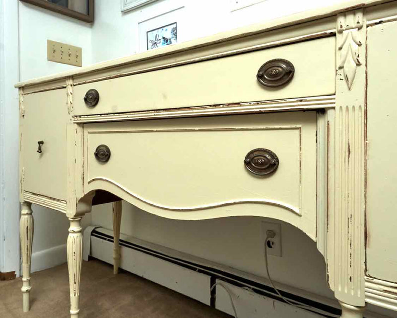 Distressed Ivory Finish 2 Drawer 2 Door Turned Legs Sideboard