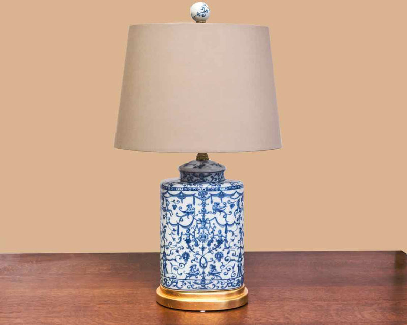 Blue & White Oval Jar Lamp with Grey Oval Shade