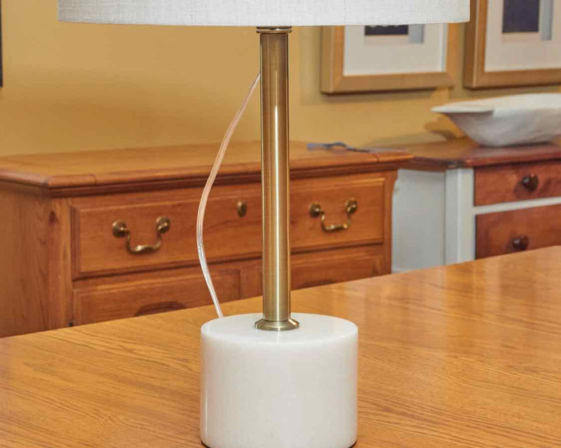 Urban Gold Finish Steel On White Marble Base Tan Linen Shade Table Lamp