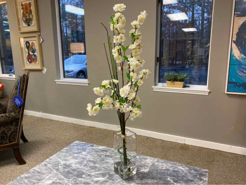 Cherry Blossum Branch & Snake Reeds in Tall Glass Vase