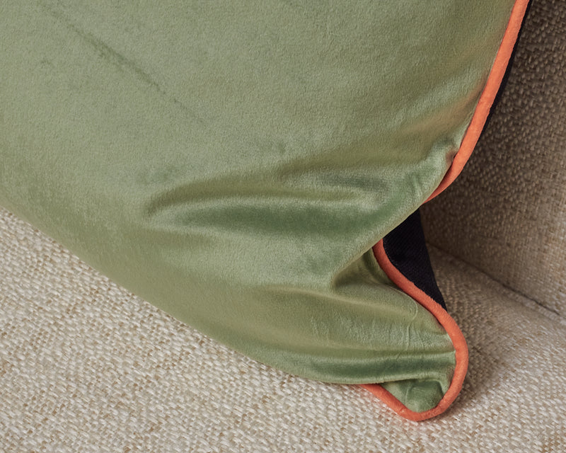 Navy Linen & Green Velvet Accent Pillow with Bright Floral